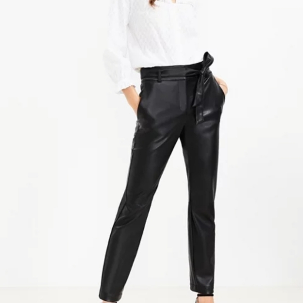 NEW! ANN TAYLOR LOFT Black Faux Leather Flat Front Pants 14T.